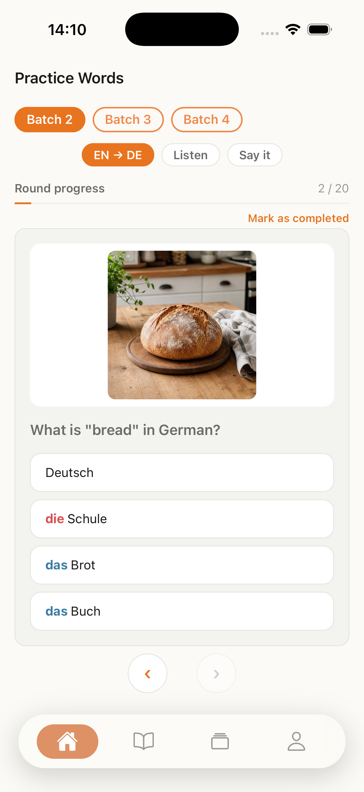 German with Levels word practice screen